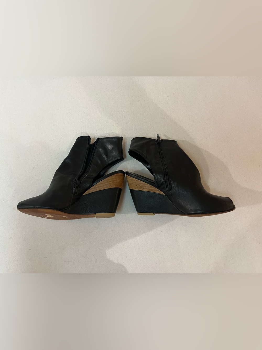 Black Leather Wedge Ankle Booties - peep toe - side zipper / made in italy / 36